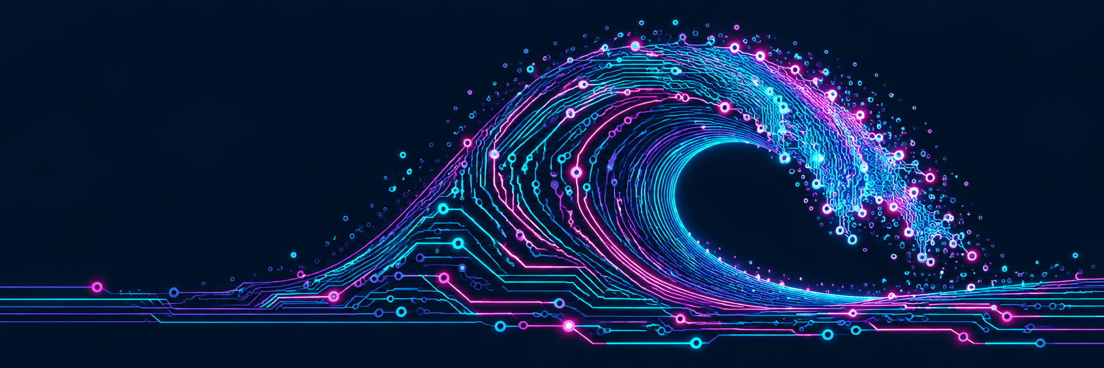 Neon cyan and magenta circuit-board traces forming a curling ocean wave.